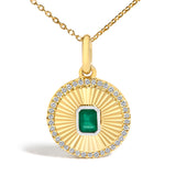 10K Yellow Gold 4x3 MM Emerald and 1/10 Cttw Diamond Circle Fluted Medallion Pendant Necklace
