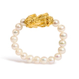 18K Yellow Gold Freshwater Pearl Dragon Charm Adjustable Ring Band