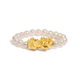 18K Yellow Gold Freshwater Pearl Dragon Charm Adjustable Ring Band