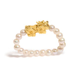 18K Yellow Gold Freshwater Pearl Dragon Charm Adjustable Ring Band