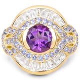 14K Yellow Gold Plated 3.93 Carat Genuine Amethyst, Tanzanite and White Topaz .925 Sterling Silver Ring