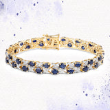 14K Yellow Gold Plated 12.53 Carat Genuine Blue Sapphire and White Diamond .925 Sterling Silver Bracelet