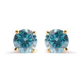 14K Yellow Gold 1.0 Cttw Treated Aqua Blue Diamond Classic Solitaire Stud Earrings (Aqua Blue Color, I2-I3 Clarity)