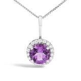 10K White Gold Purple Amethyst and 1/10 Cttw Diamond Accent Halo Pendant Necklace