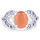 3.06 Carat Genuine Peach Moonstone and Tanzanite .925 Sterling Silver Ring