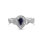 .925 Sterling Silver 6x4mm Pear Sapphire Gemstone with Diamond Accent Fashion Halo Ring (H-I Color, SI1-SI2 Clarity) - Size 7