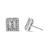 14K White Gold 1 cttw Round and Baguette Diamond Stud Earrings (H-I, SI1-SI2)