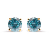 14K Yellow Gold 1.0 Cttw Treated Aqua Blue Diamond Classic Solitaire Stud Earrings (Aqua Blue Color, I2-I3 Clarity)