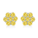 .925 Sterling Silver 1/4 Cttw Treated Yellow Diamond Floral Stud Earrings (Yellow Color, I1-I2 Clarity)
