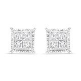 14K White Gold 1 1/2 Cttw Invisible Set Princess-Cut Diamond Contemporary Wavy Quad Stud Earrings (I-J Color, I1-I2 Clarity)