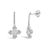 10K White Gold Princess and Round Diamond Geometric Composite Dangle Earrings