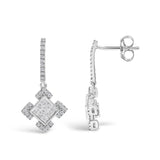 10K White Gold Princess and Round Diamond Geometric Composite Dangle Earrings