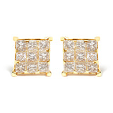 14K Yellow Gold 1 1/2 Cttw Invisible Set Princess-Cut Diamond 9 Stone Square Stud Earrings (J-K Color, SI2-I1 Clarity)