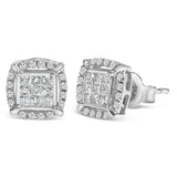 Sterling Silver 1/2 Cttw Princess Cut Diamond Composite and Halo Stud Earrings