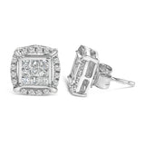 Sterling Silver 1/2 Cttw Princess Cut Diamond Composite and Halo Stud Earrings