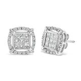 Sterling Silver 1 Cttw Princess Cut Diamond Square Halo Stud Earrings
