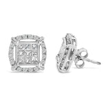 Sterling Silver 1 Cttw Princess Cut Diamond Square Halo Stud Earrings
