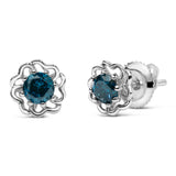 .925 Sterling Silver 1/2 Cttw Blue Diamond with Openwork Floral Halo Stud Earrings
