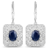 3.36 Carat Genuine Blue Sapphire and White Diamond .925 Sterling Silver Earrings