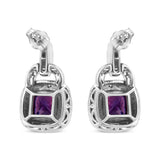 .925 Sterling Silver 8MM Natural Cushion Shaped Amethyst and Diamond Accent Halo with Push Back Dangle Earrings (I-J Color, I2-I3 Clarity)