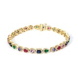 14K Yellow Gold Multi-Gemstone  and Diamond Halo Rainbow Tennis Bracelet