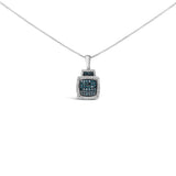 .925 Sterling Silver 1/2 Cttw Blue Diamond with White Diamond Halo Block Pendant Necklace