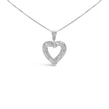 .925 Sterling Silver 1.00 Cttw Baguette and Round Diamond Open Heart Pendant Necklace