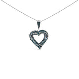 .925 Sterling Silver 1.00 Cttw Baguette and Round Blue Diamond Open Heart Pendant Necklace