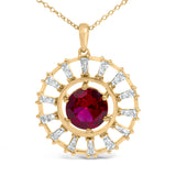 14K Yellow Gold Plated Silver Lab Grown Ruby and 5/8 Cttw Baguette Diamond Medallion Pendant Necklace