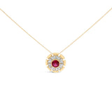 14K Yellow Gold Plated Silver Created Red Ruby and Diamond Baguette Medallion Pendant Necklace