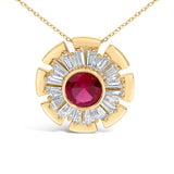 14K Yellow Gold Plated Silver Created Red Ruby and Diamond Baguette Medallion Pendant Necklace