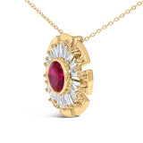 14K Yellow Gold Plated Silver Created Red Ruby and Diamond Baguette Medallion Pendant Necklace