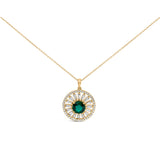 14K Yellow Gold Plated Sterling Silver Lab Grown Emerald and Diamond Sunburst Medallion Pendant Necklace