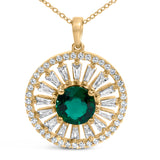 14K Yellow Gold Plated Sterling Silver Lab Grown Emerald and Diamond Sunburst Medallion Pendant Necklace