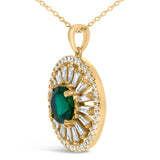 14K Yellow Gold Plated Sterling Silver Lab Grown Emerald and Diamond Sunburst Medallion Pendant Necklace