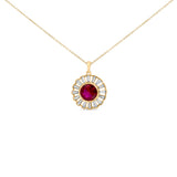 14K Yellow Gold Plated Silver Created Red Ruby and Baguette Diamond Sunburst Medallion Pendant Necklace