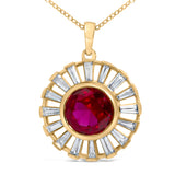 14K Yellow Gold Plated Silver Created Red Ruby and Baguette Diamond Sunburst Medallion Pendant Necklace