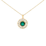 14K Yellow Gold Plated Sterling Silver Lab Grown Emerald and Baguette Diamond Sunburst Medallion Pendant Necklace