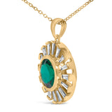 14K Yellow Gold Plated Sterling Silver Lab Grown Emerald and Baguette Diamond Sunburst Medallion Pendant Necklace