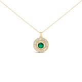 14K Yellow Gold Plated Silver Lab Grown Emerald and Diamond Sunburst Medallion Pendant Necklace