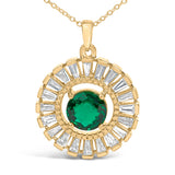 14K Yellow Gold Plated Silver Lab Grown Emerald and Diamond Sunburst Medallion Pendant Necklace