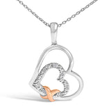.925 Sterling Silver Double Heart Pendant Necklace with Diamond and 10K Rose Gold Accent