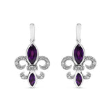 .925 Sterling Silver Marquise Cut Amethyst and Diamond Accent Fleur De Lis Dangle Stud Earrings (H-I Color, SI1-SI2 Clarity)