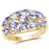 14K Yellow Gold Plated 1.56 Carat Genuine Tanzanite and White Topaz .925 Sterling Silver Ring