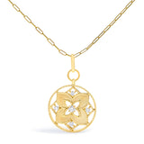 14K Yellow Gold 1/4 Cttw Diamond Star Flower Medallion Pendant Necklace