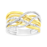 10K Yellow Gold Plated .925 Sterling Silver 1/10 Cttw Diamond Multi Row Crossover Ring Band (I-J Color, I1-I2 Clarity) - Size 7