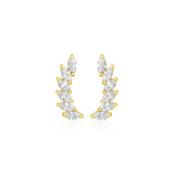 14k Yellow Gold Leaf Motif Climber Post Earrings with Marquise Cubic Zirconias