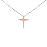 14K Rose Gold Plated Sterling Silver 1/5 Cttw Diamond Wing Cross Pendant Necklace