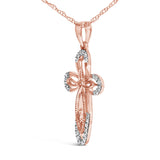 10K Rose Gold Plated Sterling Silver 1/6 Cttw Diamond Double Loop Cross Pendant Necklace