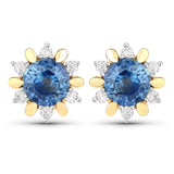 1.87 Carat Genuine Blue Sapphire and White Diamond 14K Yellow Gold Earrings